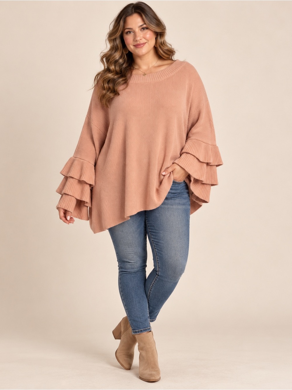 Roaman’s Women’s 30/32 Soft Blush Tiered Ruffle Sleeve Oversized Tunic Sweater